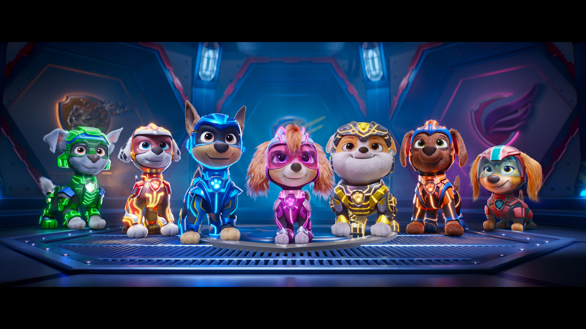 Callum Shoniker as “Rocky", Christian Corrao as “Marshall", Christian Convery as “Chase", McKenna Grace as “Skye", Luxton Handspiker as “Rubble", Nylan Parthipan as “Zuma", and Marsai Martin as “Liberty" in Paw Patrol: The Mighty Movie from Spin Master Entertainment, Nickelodeon Movies, and Paramount Pictures.