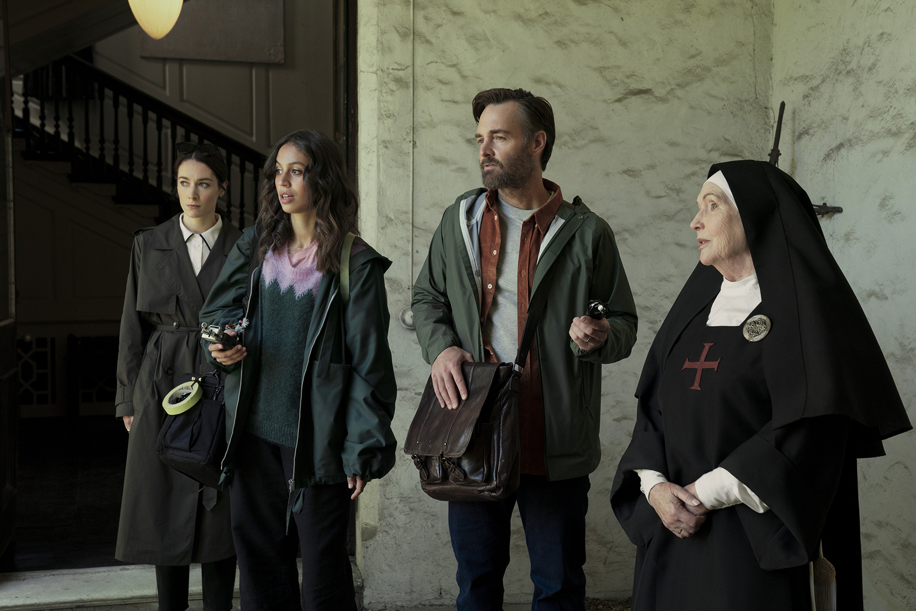 Bodkin. (L to R) Siobhán Cullen as Dove, Robyn Cara as Emmy Sizergh, Will Forte as Gilbert Power, Fionnula Flanagan as Mother Bernadette in episode 102 of Bodkin. Cr. Enda Bowe/Netflix © 2024