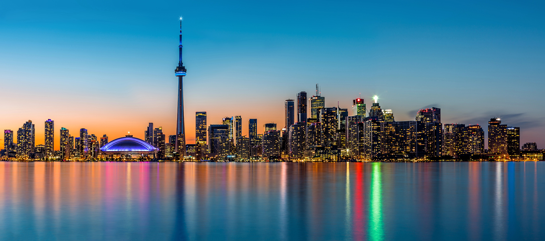 Toronto panorama at dusk viewed from Toronto Island Park