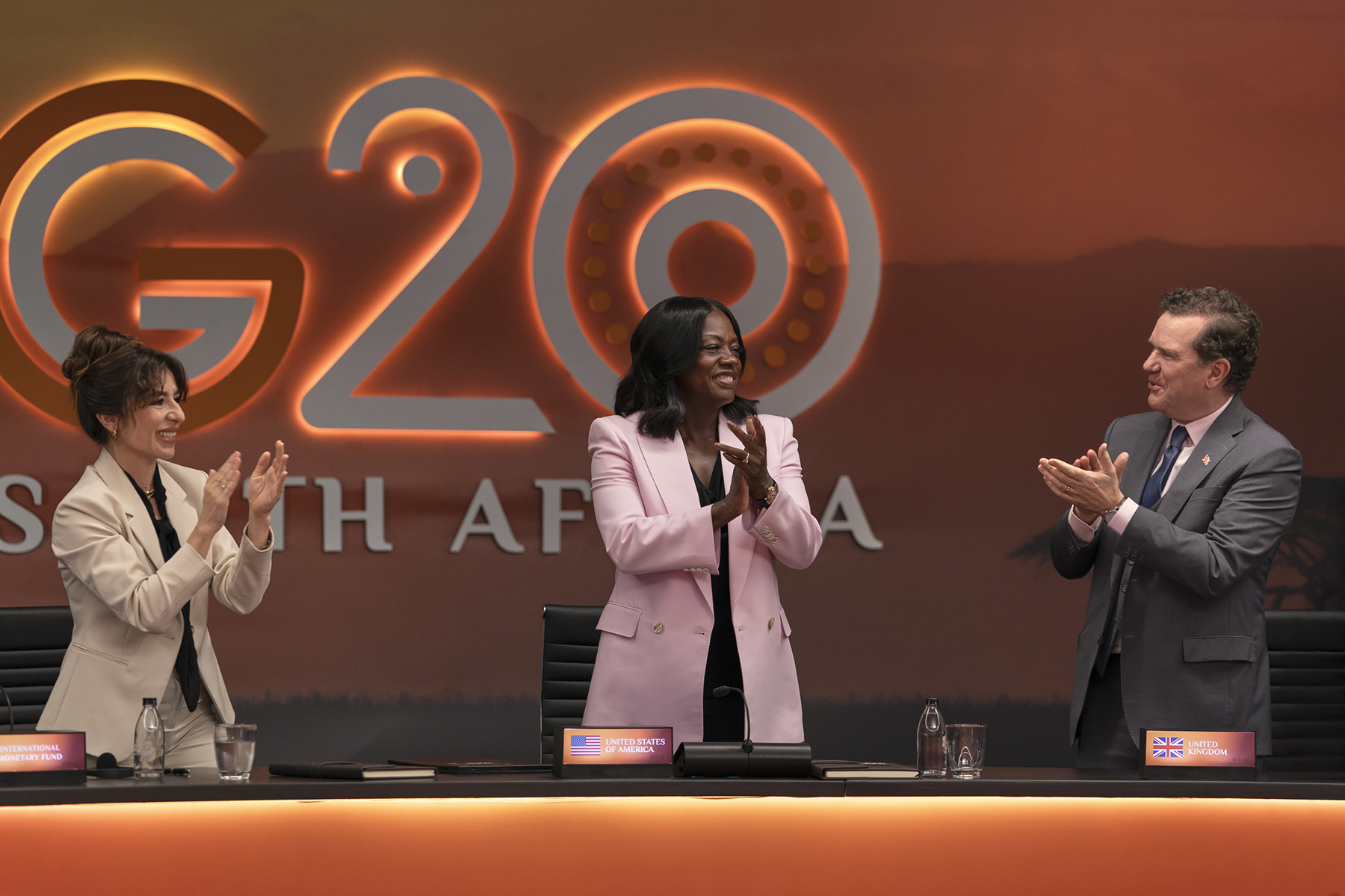 Sabrina Impacciatore, Viola Davis and Douglas Hodge in G20. (Photo Credit Ilze Kitshoff/Prime Video).  © Amazon Content Services LLC