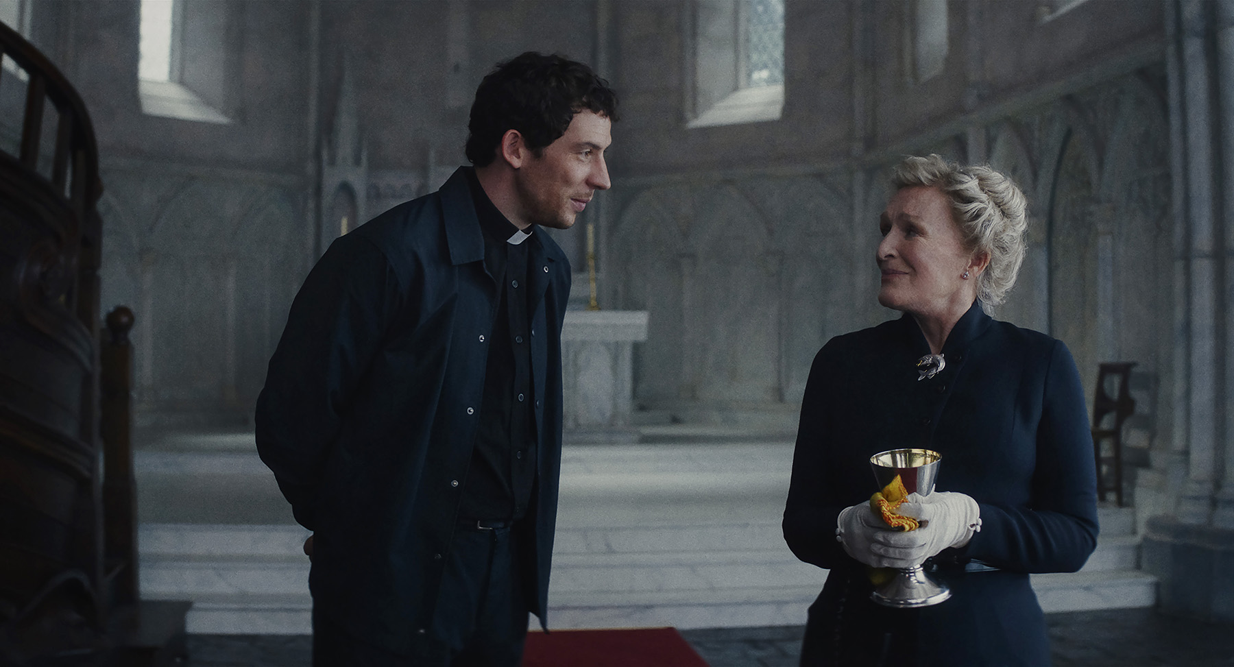 Wake Up Dead Man: A Knives Out Mystery. (L-R) Josh O’Connor and Glenn Close in Wake Up Dead Man: A Knives Out Mystery.  Cr. Courtesy of Netflix © 2025
