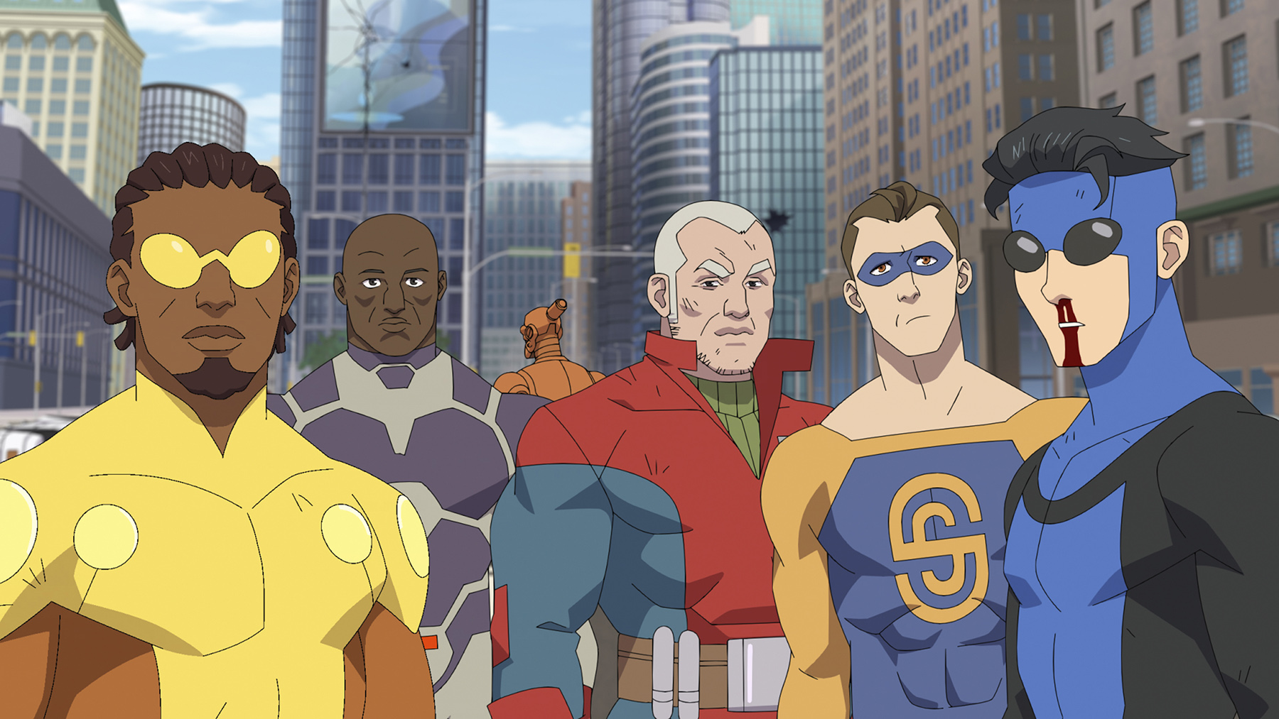 Bulletproof (Jay Pharoah), Dark Samson (Khary Payton), Brit (Jonathan banks), Shapesmith (Ben Schwartz), and Invincible (Steven Yeun) in Invincible.