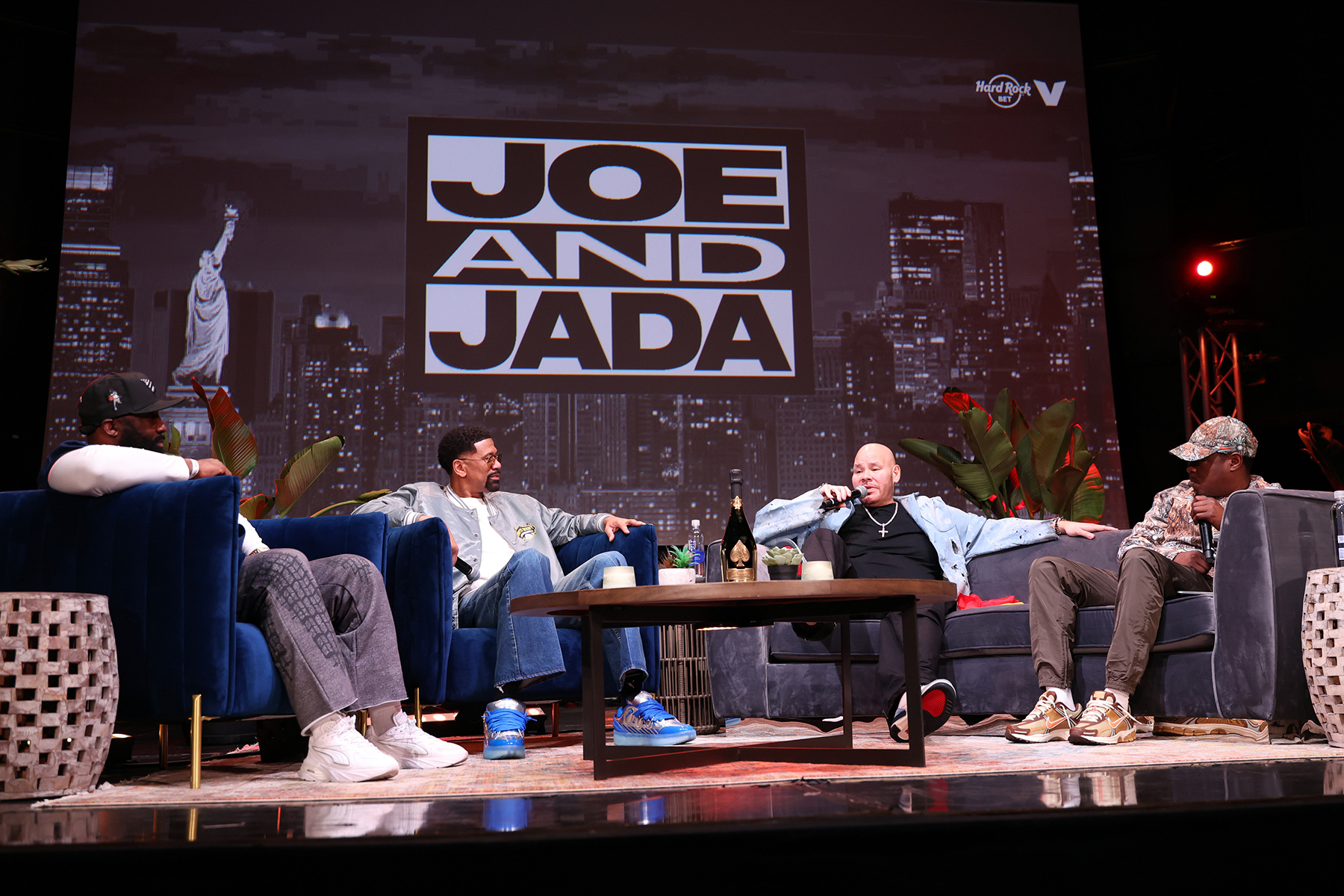 INGLEWOOD, CALIFORNIA - FEBRUARY 13: (L-R) God Shammgod, Jalen Rose, Fat Joe, and Jadakiss speak onstage during Joe and Jada live podcast recording in celebration of Prime Video McDonald's All American Games documentary Meal Ticket at The Miracle Theater on February 13, 2026 in Inglewood, California. (Photo by JC Olivera/Getty Images for Prime Video)