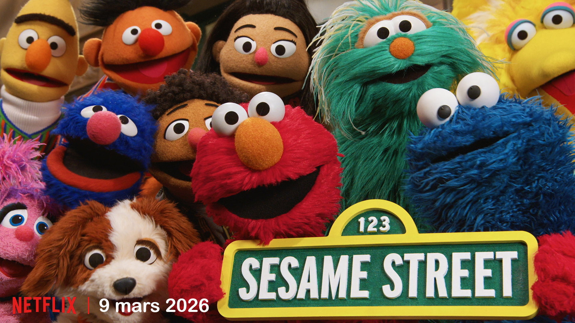 Sesame Street Volume 1 (L to R) Bert, Ernie, Rosita, Big Bird, Grover, Elmo, Cookie Monster, Abby Cadabby and Tango in Sesame Street Volume 1. Cr. COURTESY OF NETFLIX © 2025