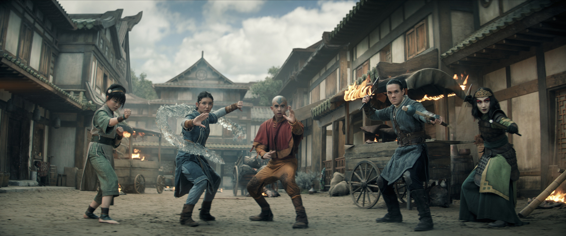Avatar: The Last Airbender. (L to R) Miyako as Toph, Kiawentiio Tarbell as Katara, Gordon Cormier as Aang, Ian Ousley as Sokka, Maria Zhang as Suki in episode 202 of Avatar: The Last Airbender. Cr. Courtesy of Netflix © 2026