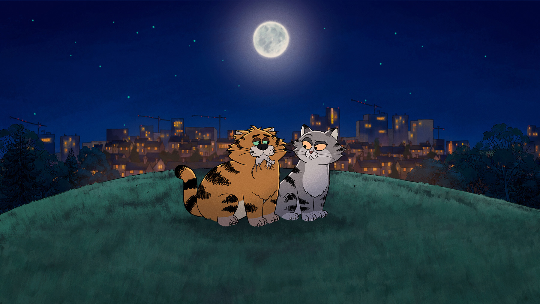 Alley Cats. (L to R) Ricky Gervais as Gus, Kerry Godliman as Lara, in Alley Cats. Cr. Courtesy of Netflix © 2026