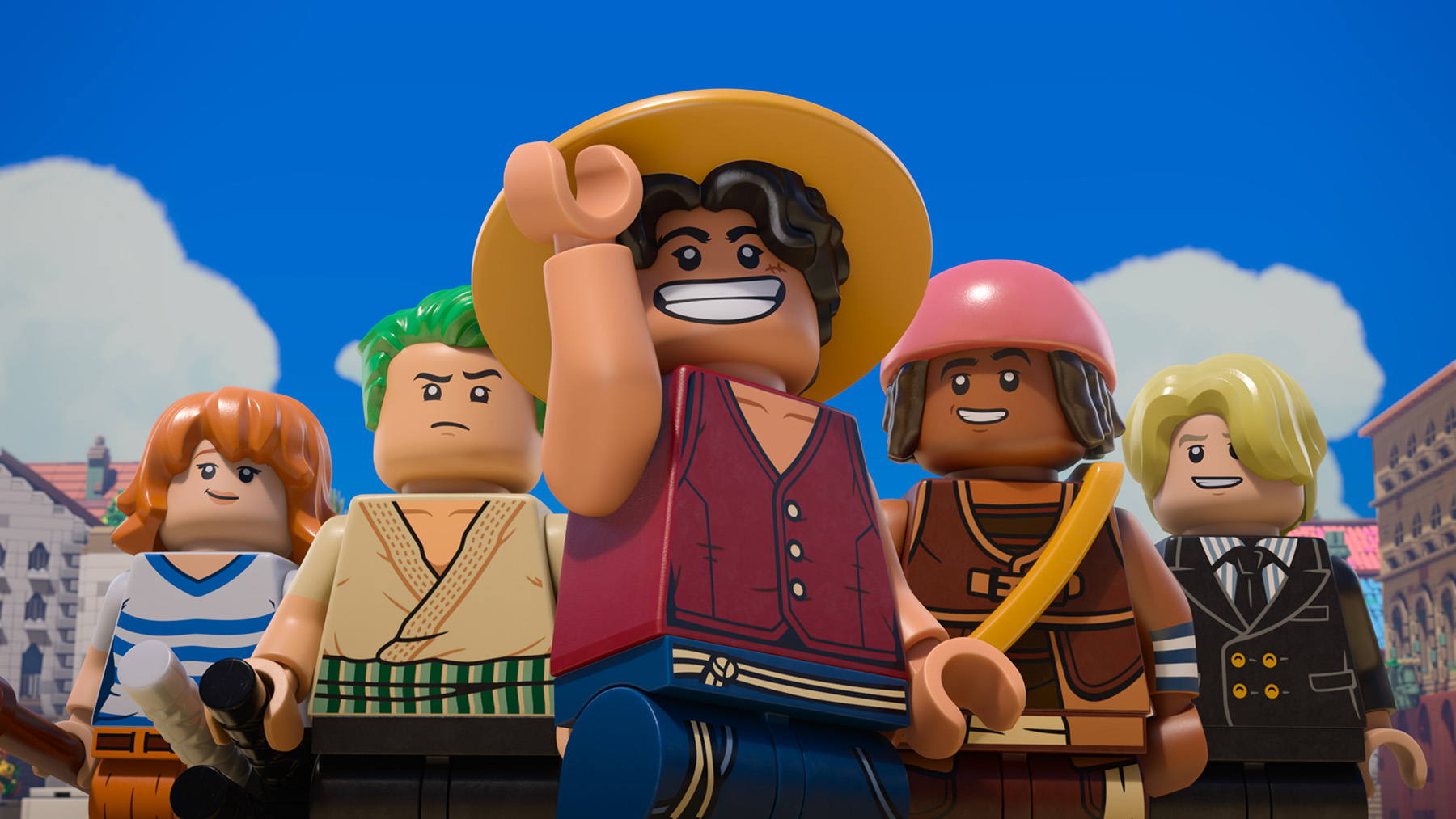 "Group of five LEGO minifigures in colorful outfits posing outdoors with blue sky and clouds, buildings in the background, central figure smiling and wearing a straw hat."