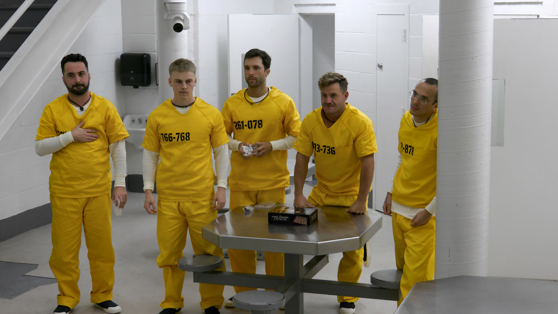 THE NEW STANFORD PRISON EXPERIMENT. (L to R) Michael Correra, Jacob Jensen, Josh Hublitz, Sonny Robertson, and Brendan Hardey in episode 101 of THE NEW STANFORD PRISON EXPERIMENT. Cr. Courtesy of Netflix. © 2026